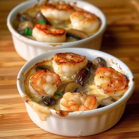 A bowl of food with shrimp and mushrooms.