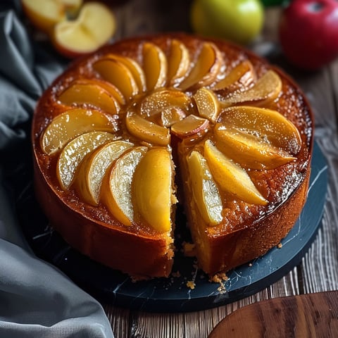 A slice of cake with apples on top.