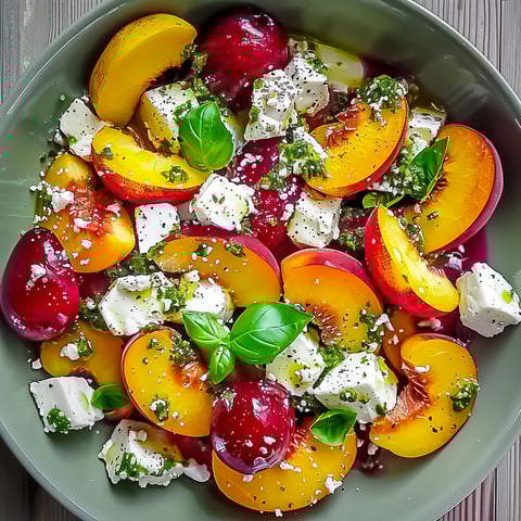 A bowl of fruit salad with peaches, nectarines, and feta cheese.