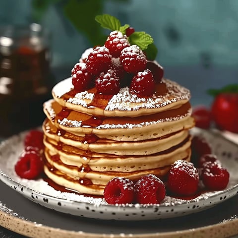A stack of pancakes with raspberries on top.