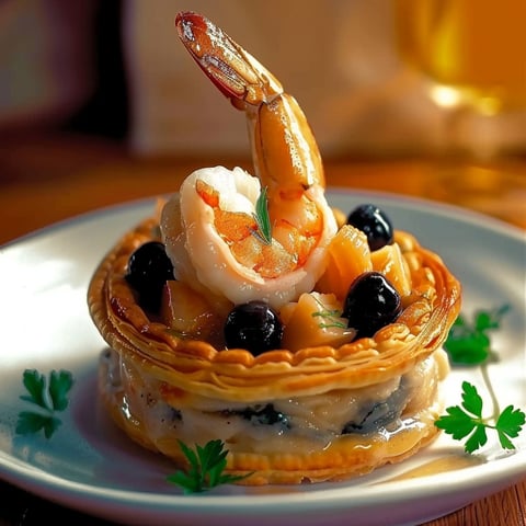 A plate of food with a pastry and shrimp.