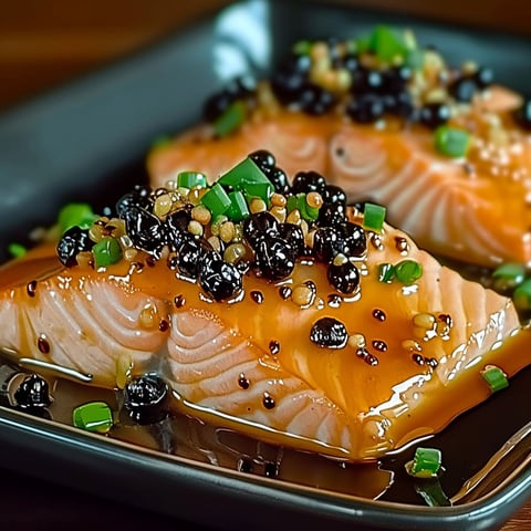 A plate of salmon with black seeds on top.
