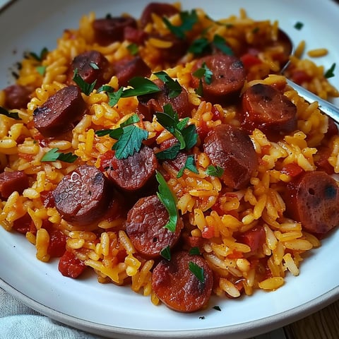 A plate of rice with chorizo and tomatoes.