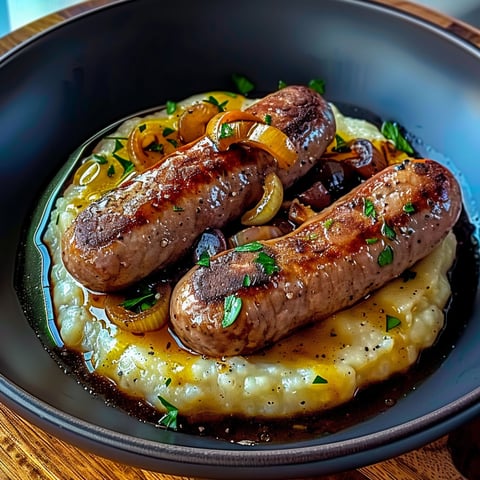 Bangers et Purée avec Sauce à l'Oignon.