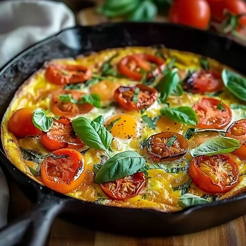 A colorful omelette with tomatoes, spinach, and eggs.