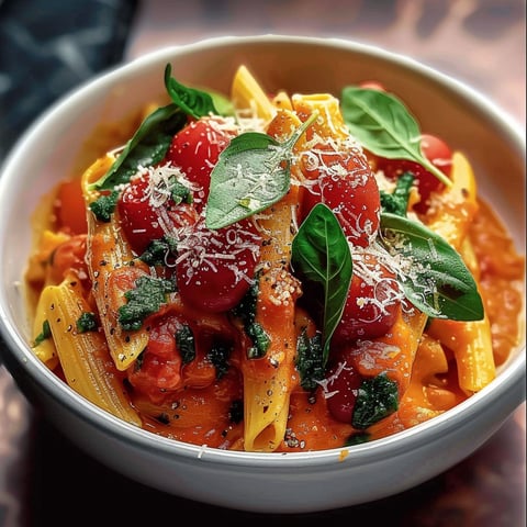 A bowl of pasta with tomatoes and spinach.