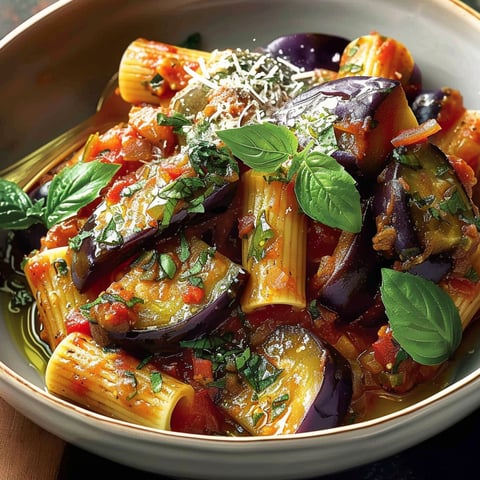 A bowl of pasta with purple vegetables.