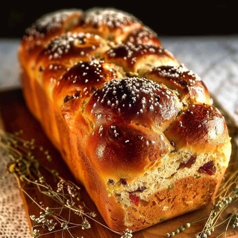 A loaf of bread with a sprinkle of sugar on top.