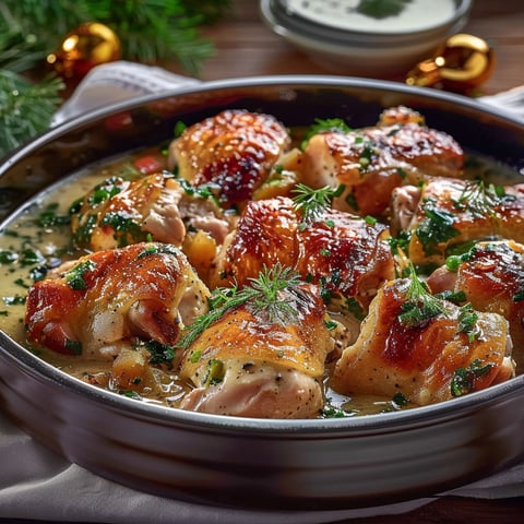 A pan of chicken with a sauce and herbs.