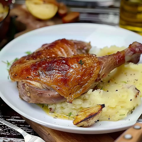 A plate of food with a chicken leg and potatoes.