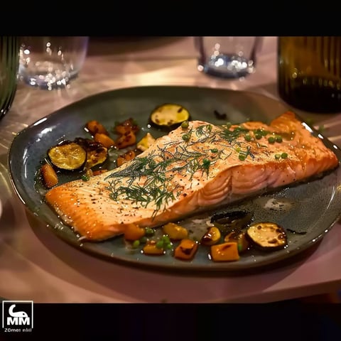 A plate of food with fish, vegetables and mozzarella.