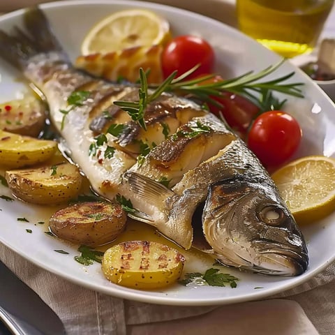 A plate of food with a fish and potatoes.