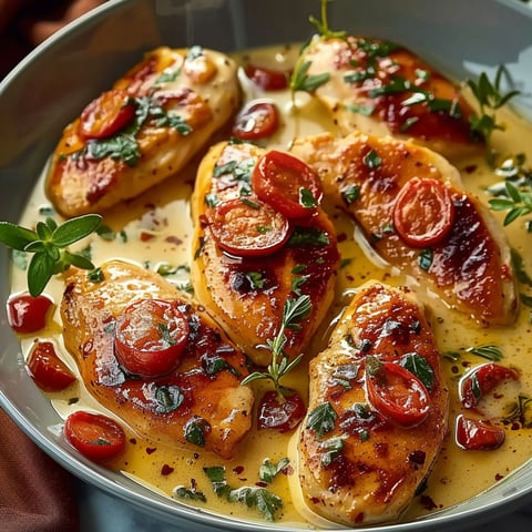 A plate of chicken with tomatoes and sauce.