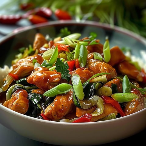 A bowl of Chinese food with chicken and vegetables.