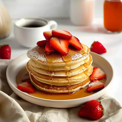 A stack of pancakes with strawberries on top.