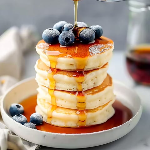A stack of fluffy pancakes with syrup drizzled on top.