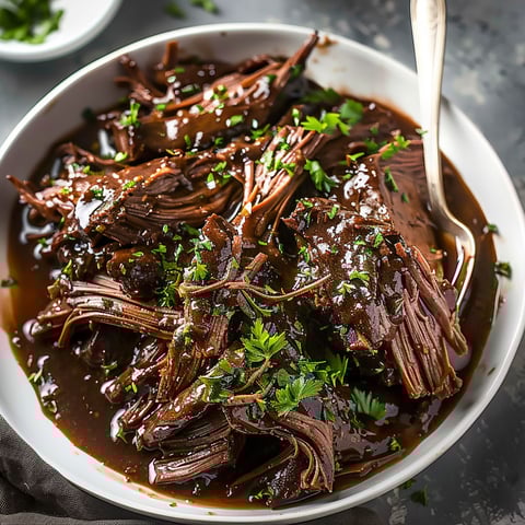 A bowl of beef stew with herbs.