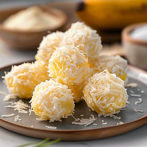 A plate of coconut covered food.