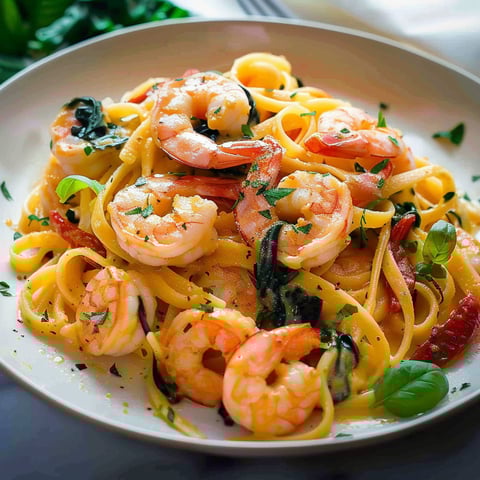 A plate of shrimp and pasta.