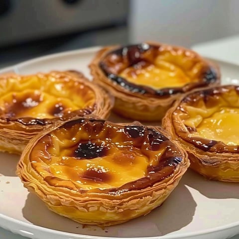 Four pastéis de nata on a plate.