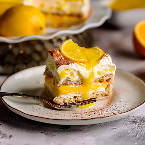 A slice of Tiramisu Citron cake with a fork.