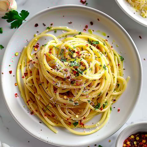 A plate of spaghetti with red peppers and olive oil.