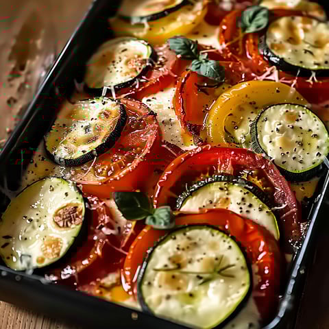 A dish of zucchini, tomatoes and mozzarella cheese.