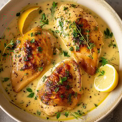 A bowl of chicken with lemon and herbs.