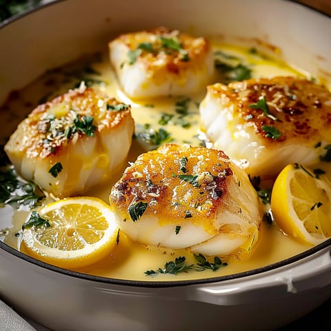 A bowl of food with lemon slices and scallops.