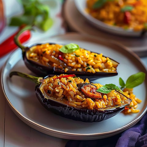 Two barquettes d'aubergines au riz.