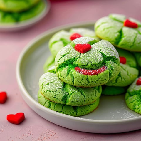A plate of green cookies with hearts on them.