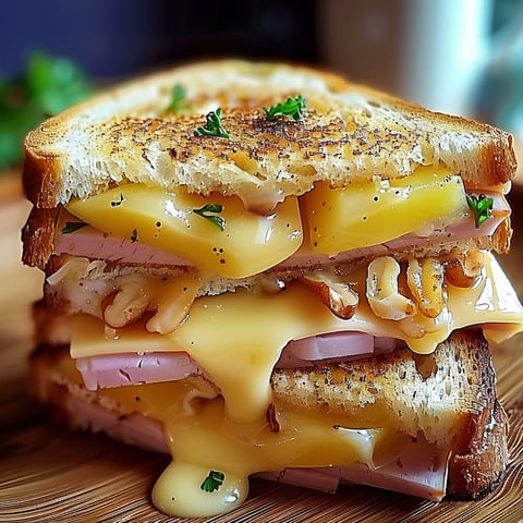 A croque monsieur sandwich with cheese and ham.