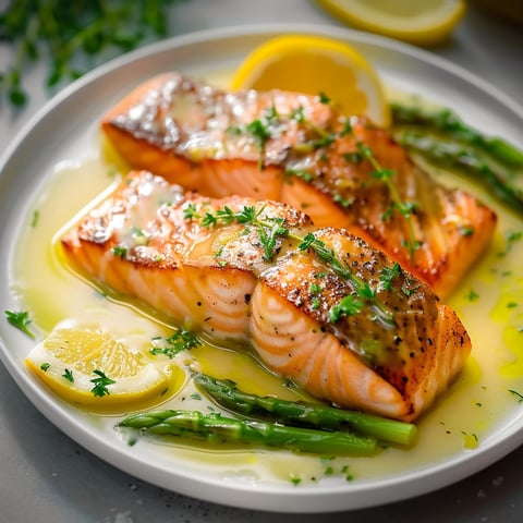 A plate of salmon with lemon and herbs.