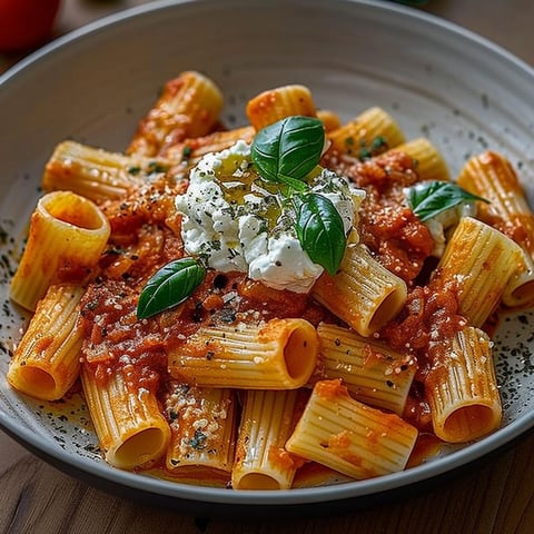 A bowl of rigatoni pasta with sauce and burrata cheese.