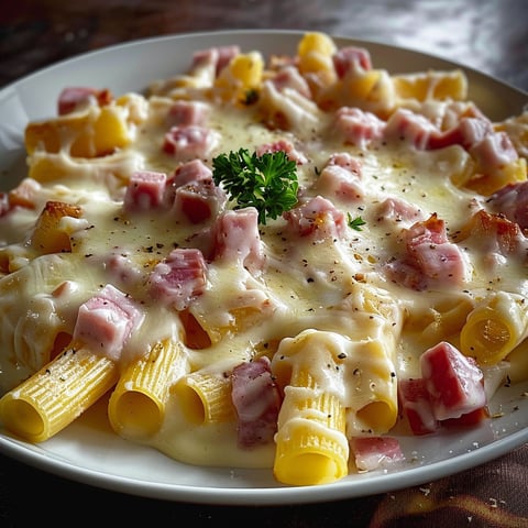 A plate of pasta with ham and cheese.