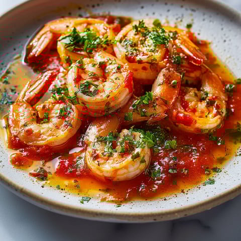 A plate of shrimp with a tomato sauce.