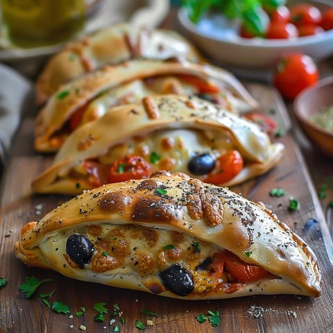 Three calzones on a wooden board.