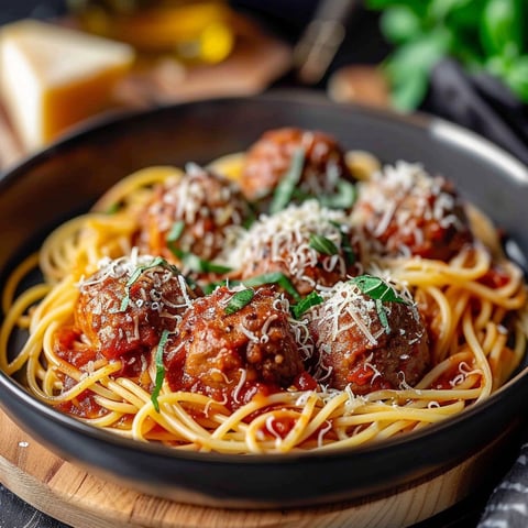 A bowl of pasta with meatballs and cheese.