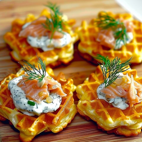 Four waffles with salmon, corn and cream on top.