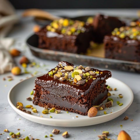 A slice of chocolate cake with nuts on top.