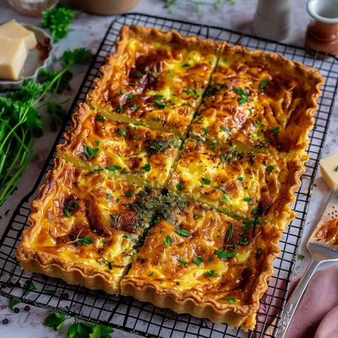 A quiche with cheese and parsley on top.