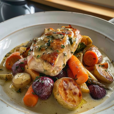 A plate of food with chicken and vegetables.