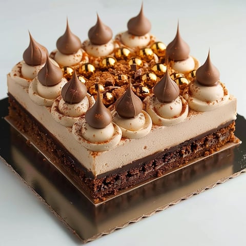 A chocolate cake with white icing and gold sprinkles.