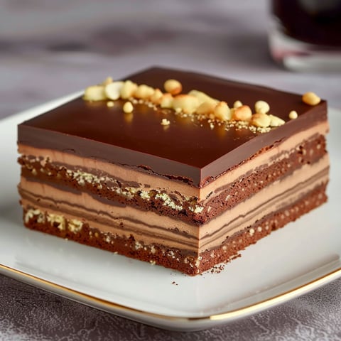 A slice of chocolate cake with nuts on top.