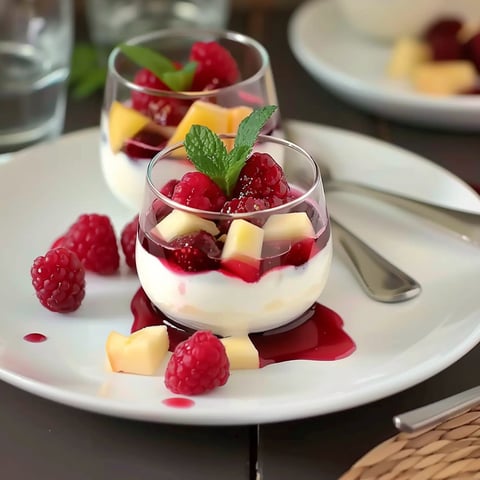 A plate of panna cotta with fruit on top.