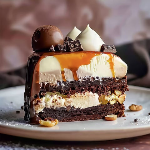 A slice of brownille cake with white icing and chocolate drizzle.