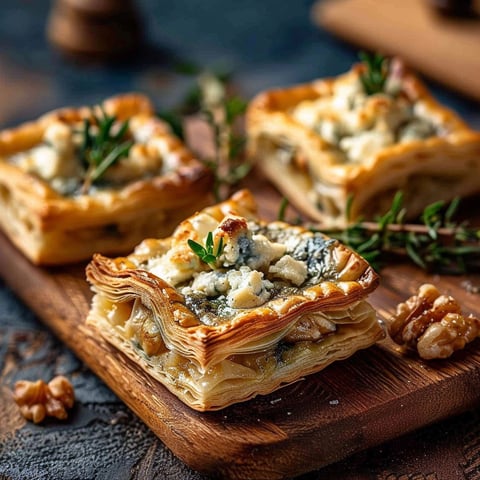 A plate of pastry with blue cheese and walnuts.