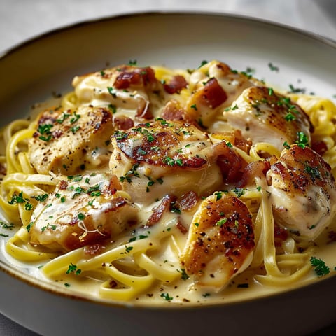 A plate of chicken and pasta.