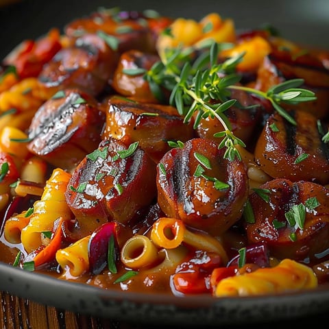 A plate of food with sausage, pasta, and chili.