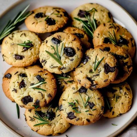 A plate of cookies with black olives and rosemary.